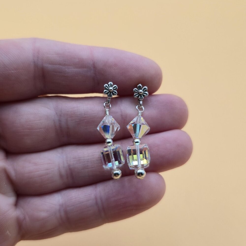 Sterling Silver Colorful Crystal Floral Dangle Earrings A5233